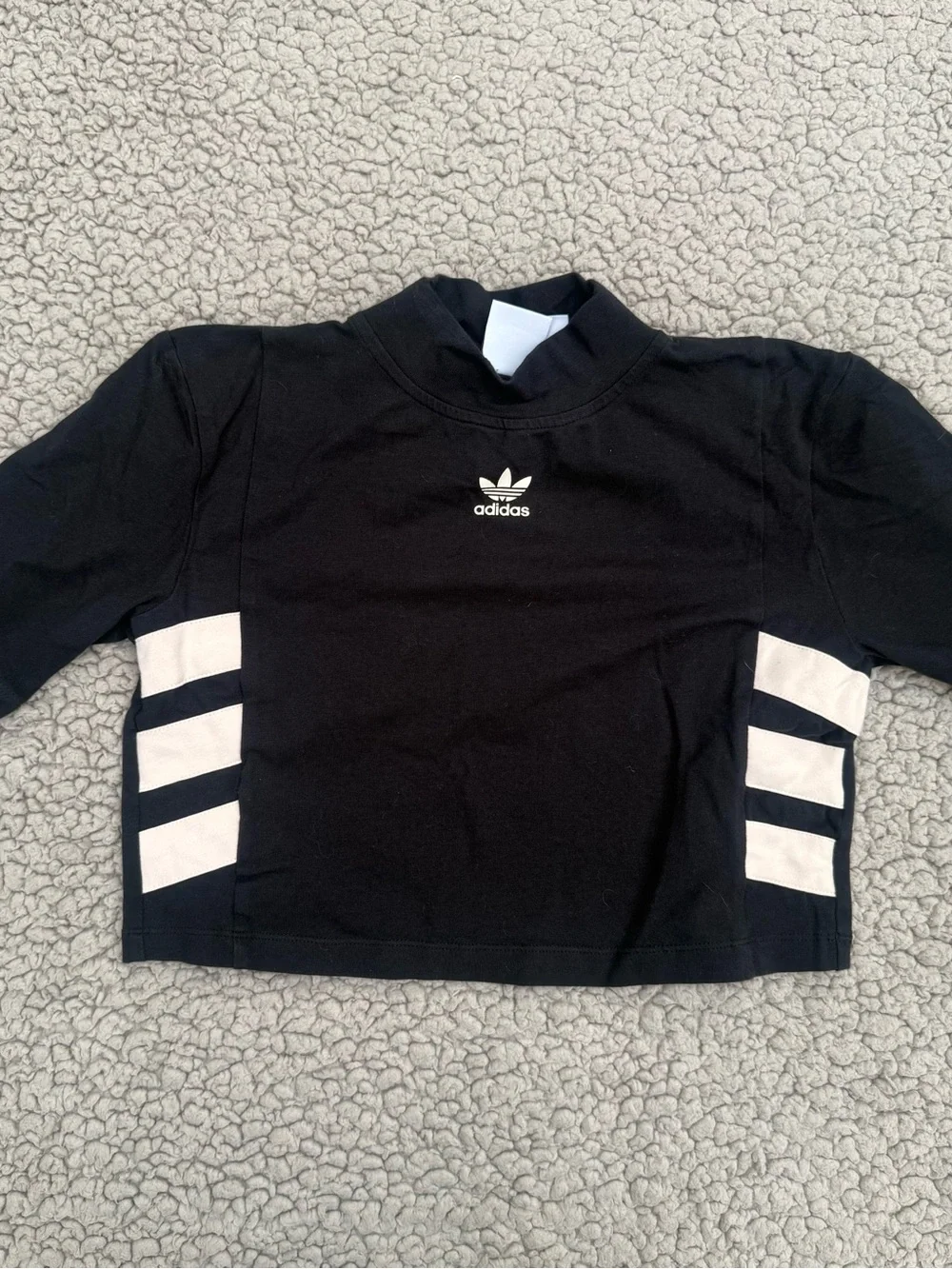 adidas Black Cropped Mock Neck Tee with Cream Side Stripes - Picture 3 of 5